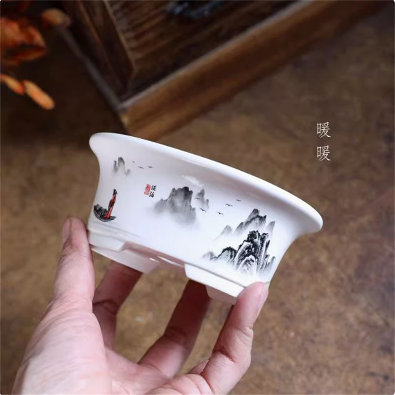 Bonsai Garden Table - Porcelain White Oval Bonsai Pot,Mini Pot,Round,Small